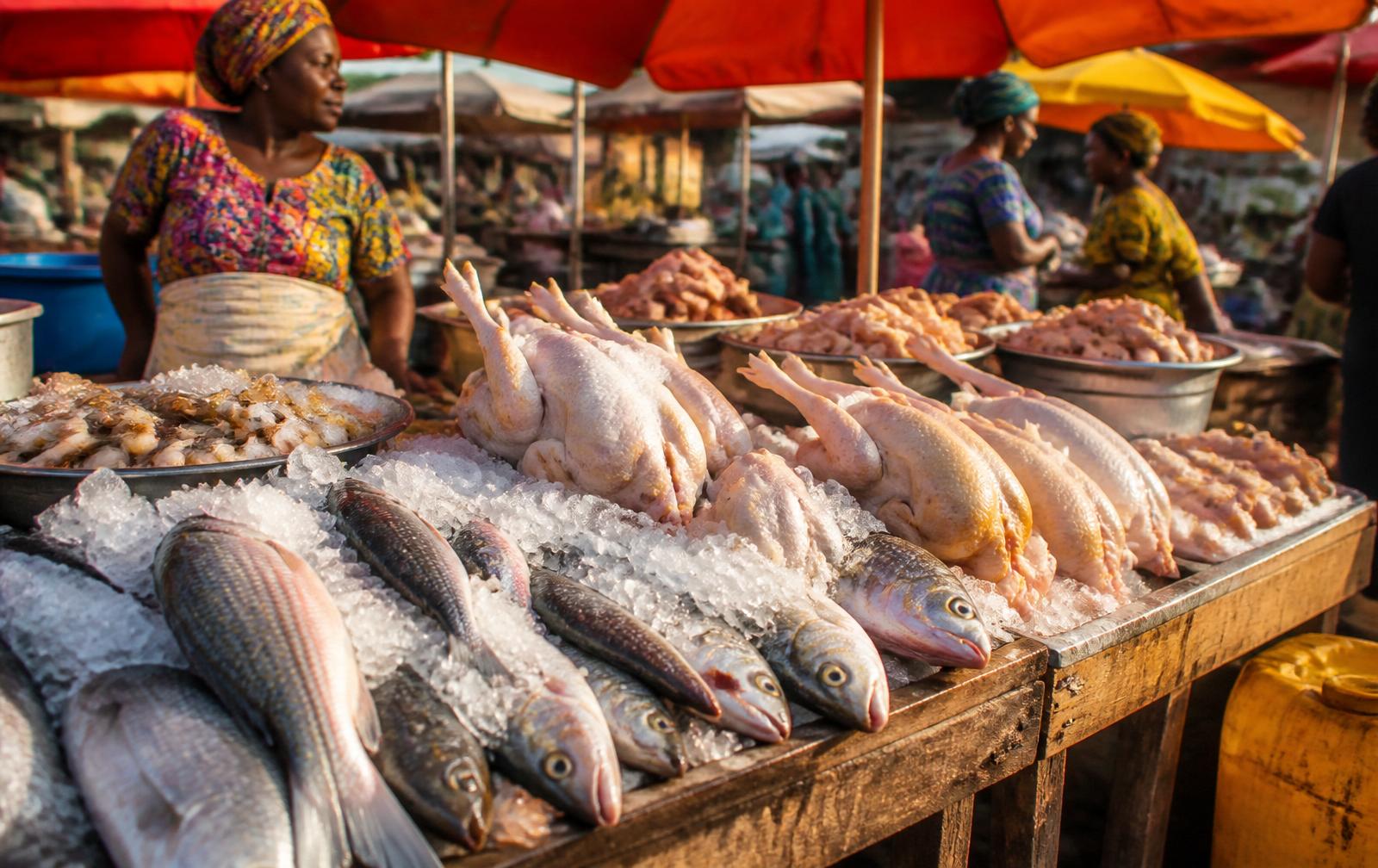 Fresh fish and poultry on ice at a Ghanaian market stall